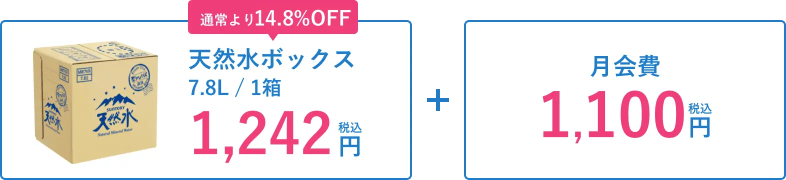 通常より14.8%OFF 天然水ボックス7.8L/1箱 1,134円(税込)+ 月会費1,100円(税込)