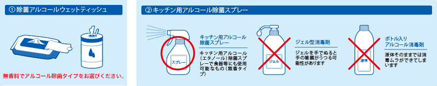 ①キッチン用アルコール除菌スプレー②除菌アルコールタオル(ウェットシート・ウェットティッシュ)