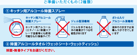 ご準備いただくもの(2種類)①キッチン用アルコール除菌スプレー スプレー キッチン用アルコール除菌スプレー キッチン用アルコール(エタノール)除菌スプレーで食器等にも使用可能なもの(無香タイプ) ジェル ジェル型消毒剤 ジェルを手でぬると手の雑菌がうつる可能性があります ボトル入り アルコール消毒剤 液体そのままでは消毒ムラができてしまいます ②除菌アルコールタオル(ウェットシート・ウェットティッシュ) 除菌・無香タイプをお選びください。