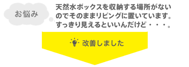 天然水ボックスを収納する場所がないのでそのままリビングに置いています。すっきり見えるといいんだけど・・・。