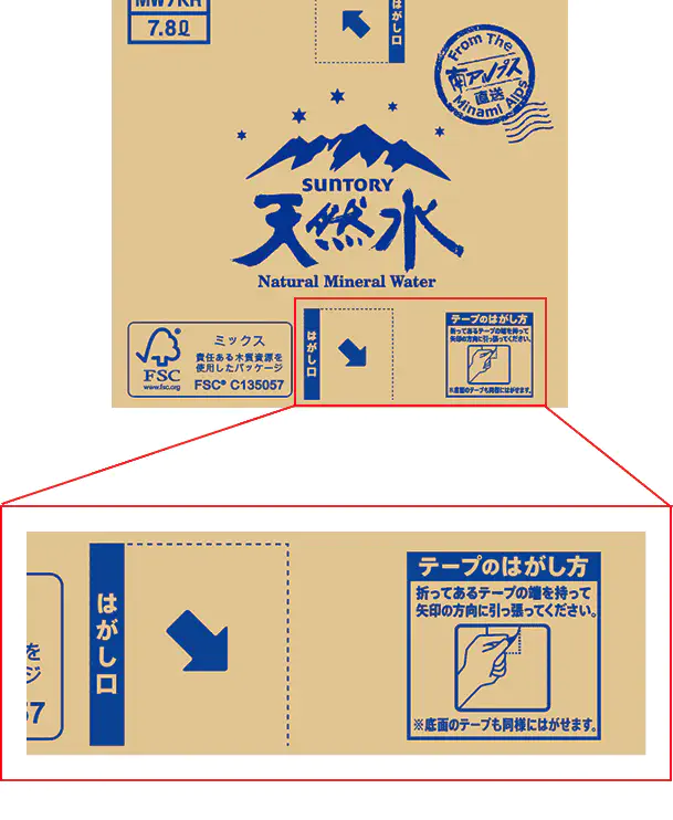 「はがし口」を明記し、はがす方向を矢印で表示。「テープのはがし方」をイラストでわかりやすく説明しました。